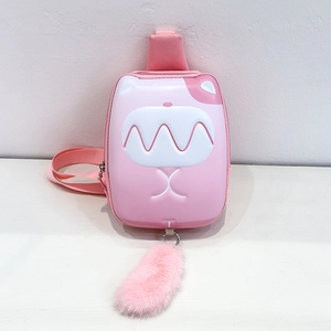 Detailed view of pink kitty chest bag for kids with cute plush faux fur tail pendant