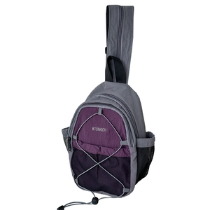 Contrast color gray and purple kids backpack with drawstring system and side pockets