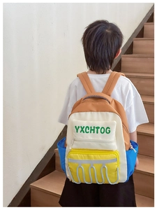 Detail of color-block kids backpack showing straps and multi-pocket design on model back