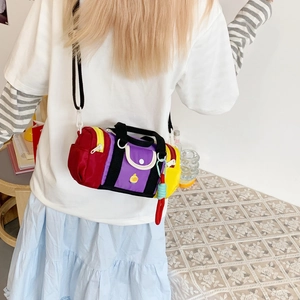 Kids colorful patchwork cylinder crossbody bag with cute duck print and adjustable strap