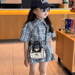 Mini sac Boston à nœud et ensemble robe à carreaux bleus pour petites filles