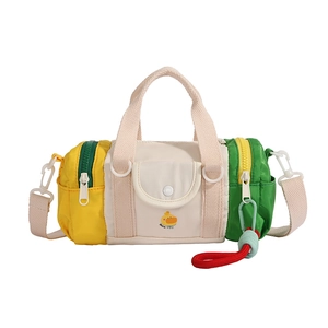 Kids colorful color-block cylinder handbag with adjustable strap and duck pattern