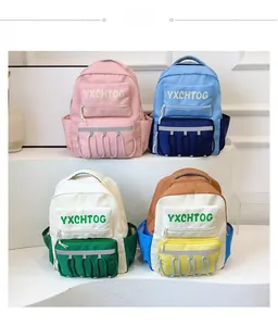 Detailed grid view of children's backpacks in pink, blue, and green colorblock designs