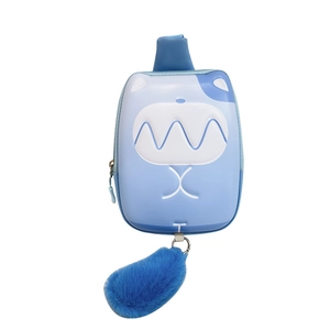 Light blue cartoon EVA chest bag for kids with cute plush tail and strap