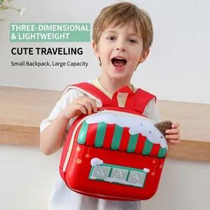 Toddler 3D house-shaped backpack with red hardshell and cute snowy roof design