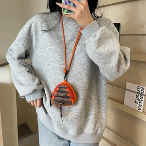 Kids orange triangle neck pouch bag with mesh design and adjustable cord strap