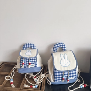 Rabbit Embroidery Gingham Canvas Drawstring Backpack Cute Casual Kids School Bag