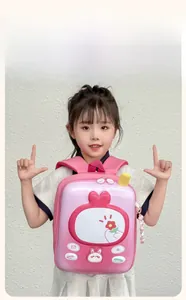 Pink cartoon hardshell backpack with cute heart charms worn by a young toddler girl
