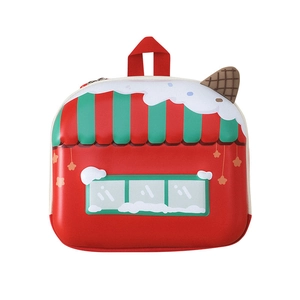 Cartoon red eggshell backpack for kids with house design and wafer biscuit detail