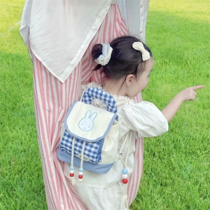 Cute bunny pattern toddler backpack with plaid design and drawstring for outdoor use
