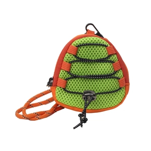 Neon green mesh mini shoulder bag with orange drawstring and mountaineering carabiner