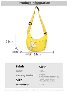 Detail showing dimensions 24x18x4cm for yellow canvas crescent crossbody bag with strap