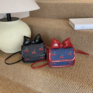 Sac Bandoulière Enfant Mini Broderie Cerise Denim PU Nœud Décor Petit Sac À Épaule Pour Filles Mode Mignon