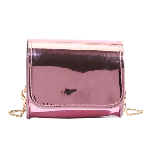 Kids trendy pink holographic crossbody chain bag with metallic finish and gold strap