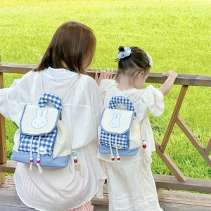 Matching Miffy rabbit embroidery canvas backpacks with blue plaid and drawstring closure