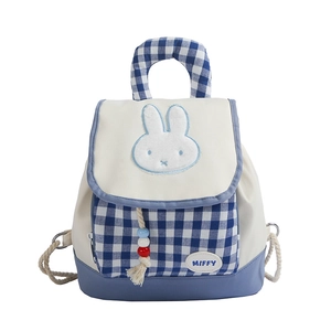 Cute Miffy bunny blue plaid toddler backpack for nursery with embroidery and tassels