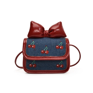 Kids cherry embroidery denim crossbody bag with red leather bow and strap details