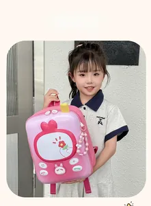 Detailed view of pink toddler backpack with hard shell and cute rabbit design