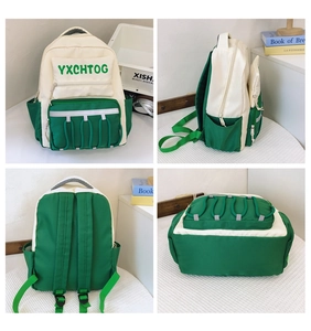 Detailed four-view composite of contrast color student backpack with padded straps