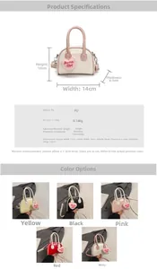 Detailed size chart of mini PU shell bag with cute plush heart pendant and strap