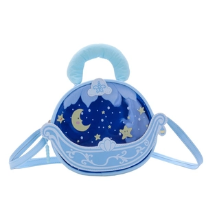 Blaue Kinder Handtasche mit Mond Wiege Motiv, gelben Sternen und Plüschgriff