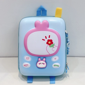 Detail of light blue hardshell kids backpack featuring cute rabbit and cartoon icons