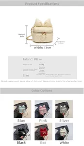 Detailed chart showing mini quilted bucket bag dimensions and six color options