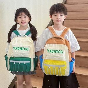 Kids color-block backpack with drawstring, reflective safety strip and large capacity storage