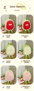 Matrix showing sizes and colors of cute fruit-themed backpacks with plush details