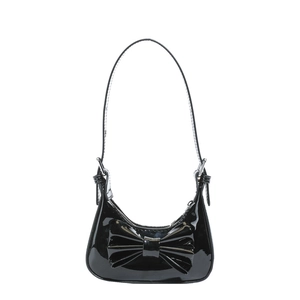 Sac à épaule en cuir verni noir brillant pour filles avec un nœud élégant