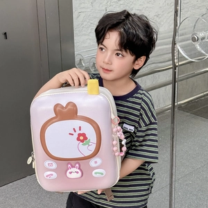 Toddler eggshell backpack with retro TV design and cute rabbit charm for kids