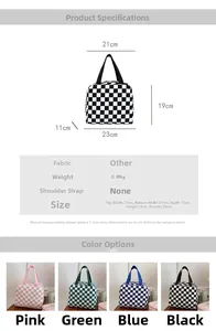 Size chart and specifications for the large capacity checkered portable lunch bag
