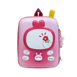 Pink gradient hardshell kids backpack with 3D bunny and cute pendant for girls