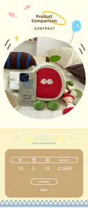 Size chart for cute watermelon plush shoulder bag with dimensions and material info