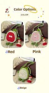 Detail view of cartoon fruit plush crossbody bags in red, pink, and beige with apple charms