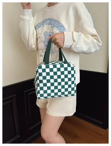 Close-up of a green and white checkered lunch bag with durable handles and zipper detail