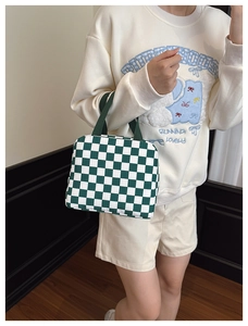 Detail of green and white checkered lunch bag with durable handles for daily commute