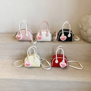 Kids Mini PU Leather Crossbody Bag Shell Handbag Heart Plush Pendant Contrast Color Fashion Sweet For Toddler Girls