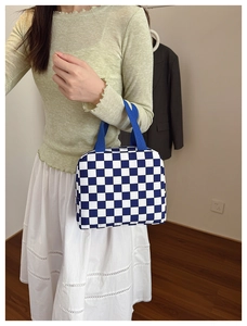 Blue and white checkered lunch bag shown held by model in a minimalist home setting