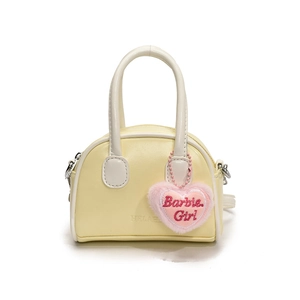 Minimalist light yellow shell handbag for kids with pink plush Barbie Girl heart charm