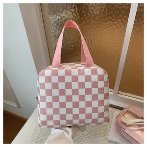 Close-up of pink and white checkerboard lunch bag with durable nylon handles and zipper