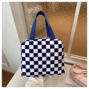 Close-up of blue and white checkered canvas lunch bag with sturdy webbing handles