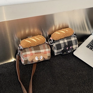 Kids Mini Cylinder Crossbody Bag Plaid Tweed Fabric Plush Baguette Handle Cartoon Dog Cat Patch Cute Fashion Shoulder Bag