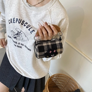 Mini plaid cylinder handbag with plush rabbit doll and soft brown fleece handle for women