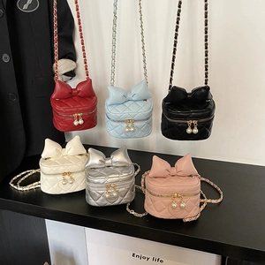 Mini Kids Crossbody Bag Quilted PU Leather Large Bow Decoration Artificial Pearl Zipper Fashion Cute Shoulder Handbag For Children
