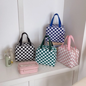 Checkerboard Insulated Lunch Bag Nylon Portable Handbag Large Capacity Meal Tote For Work School Picnic Korean Style