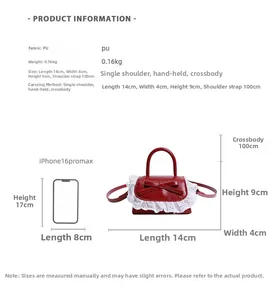 Detailed size chart for mini PU handbag with bow showing 14x4x9 cm dimensions