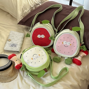 Cute Cartoon Fruit Round Crossbody Bag Nylon Plush Mini Shoulder Bag For Girls And Women With Pendant