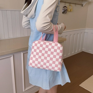 Pink checkered insulated lunch bag with portable double handles and zipper closure
