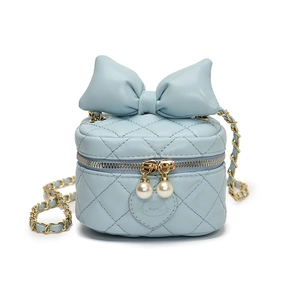 Light blue quilted mini crossbody bag for girls with bow and pearl chain strap